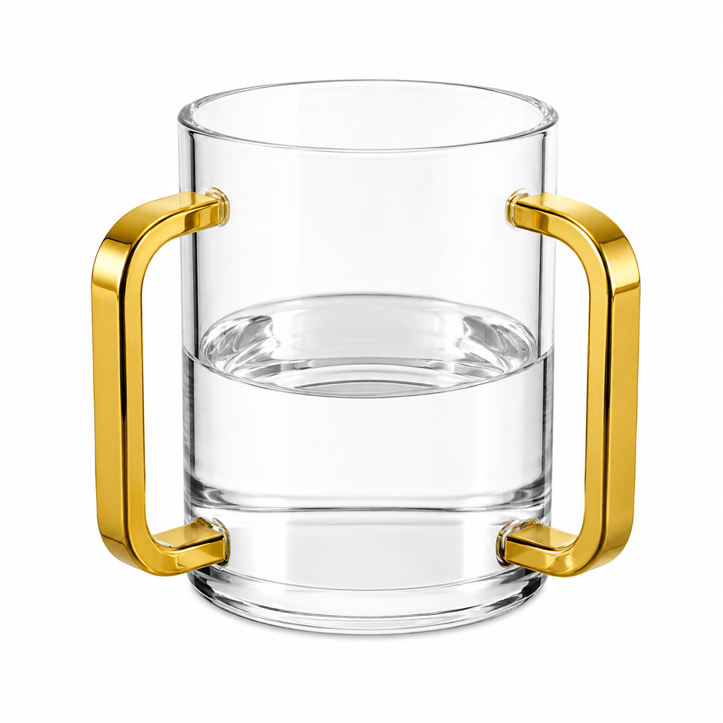 Modern Two-Handle Ritual Hand Washing Vessel in Premium Acrylic with Polished Gold Accents – 14 cm Judaica Hand Washing Cup for Home and Gift