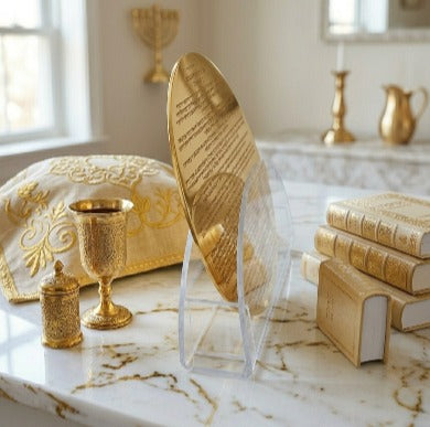 Modern Acrylic Bencher Set with  Golden prayer Prayer Plaque – Elegant Birkat Hamazon Cards with Lucite Stand – Sophisticated Judaica for Shabbat Table & Home
