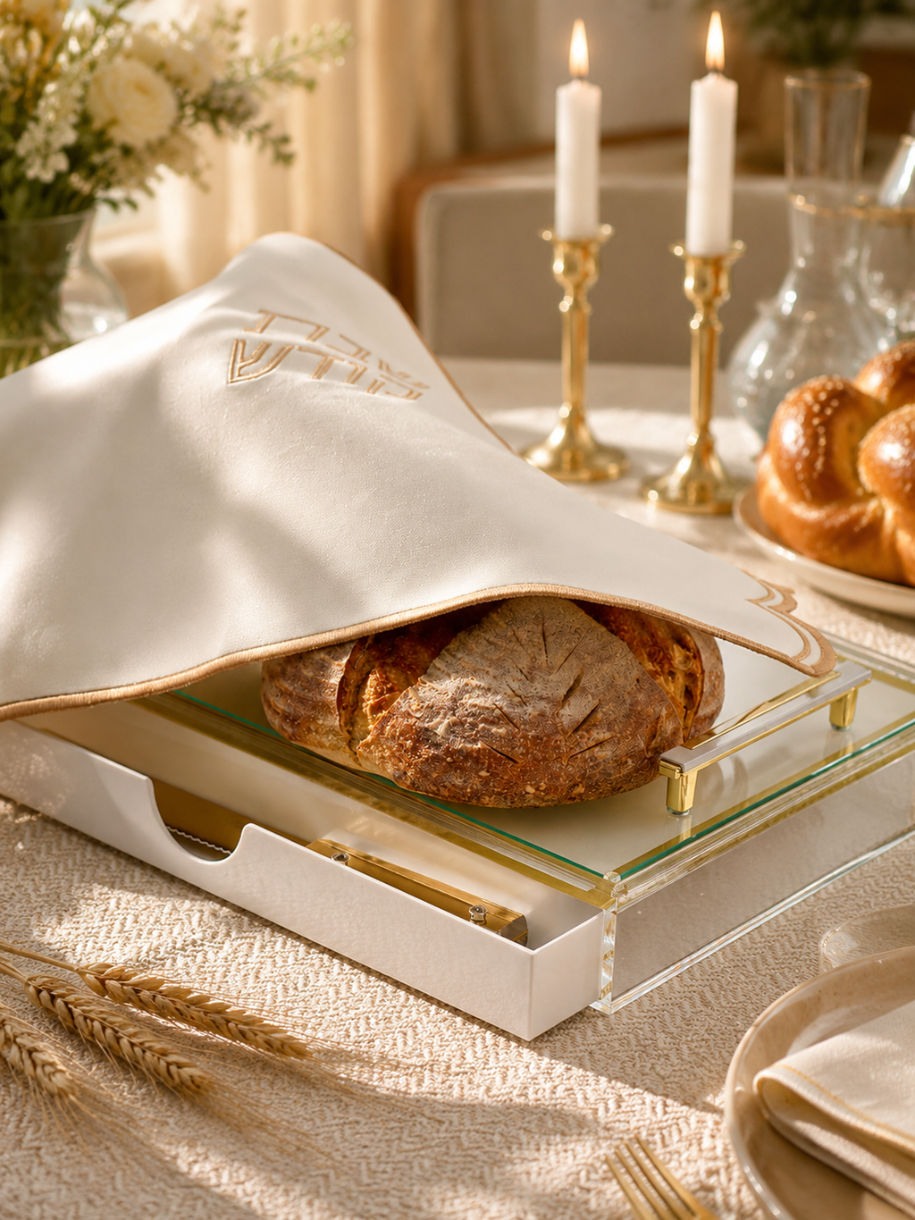 Luxury Acrylic Challah Board with Gold plated Handles - Modern Lucite Shabbat Bread Tray & Protective Cover - Elegant Judaica Gift