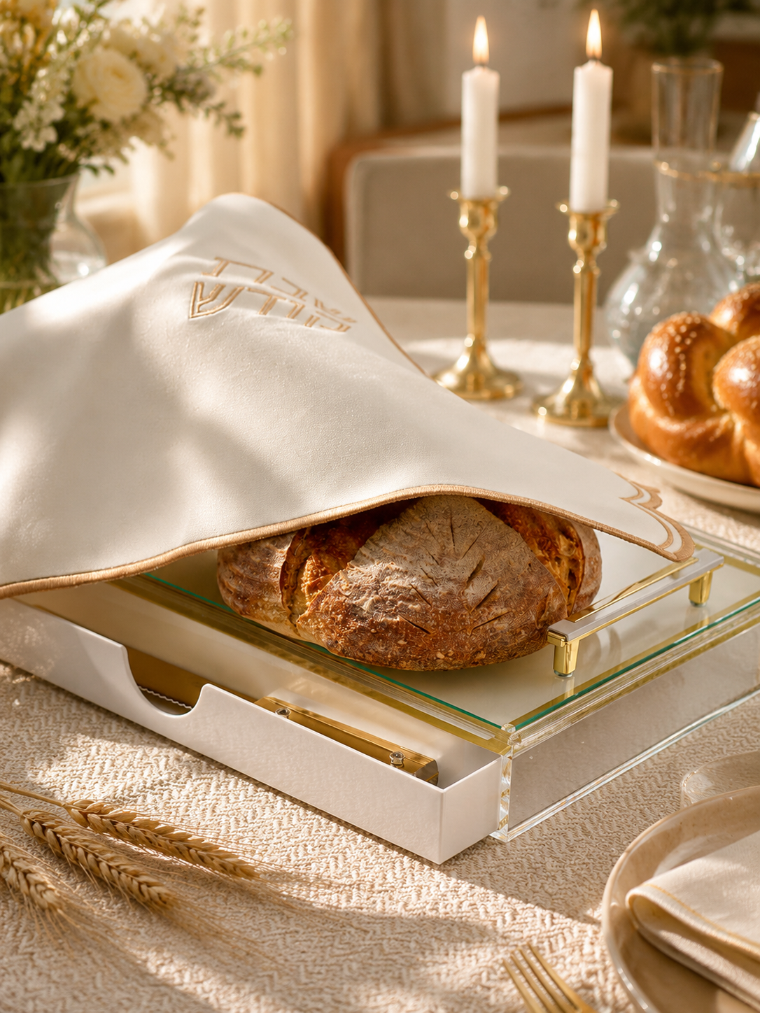 Luxury Acrylic Challah Board with Gold plated Handles - Modern Lucite Shabbat Bread Tray & Protective Cover - Elegant Judaica Gift