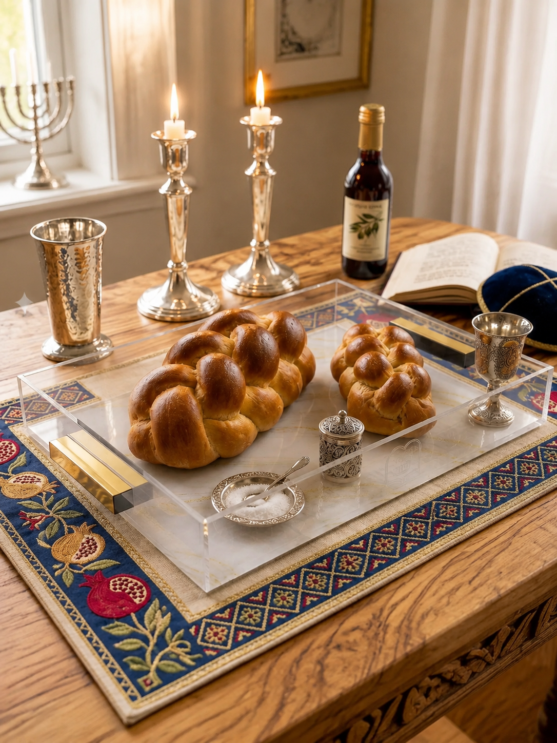 Luxury Acrylic Challah Tray with Gold Handles – Modern Shabbat & Holiday Marble Print Judaica Board