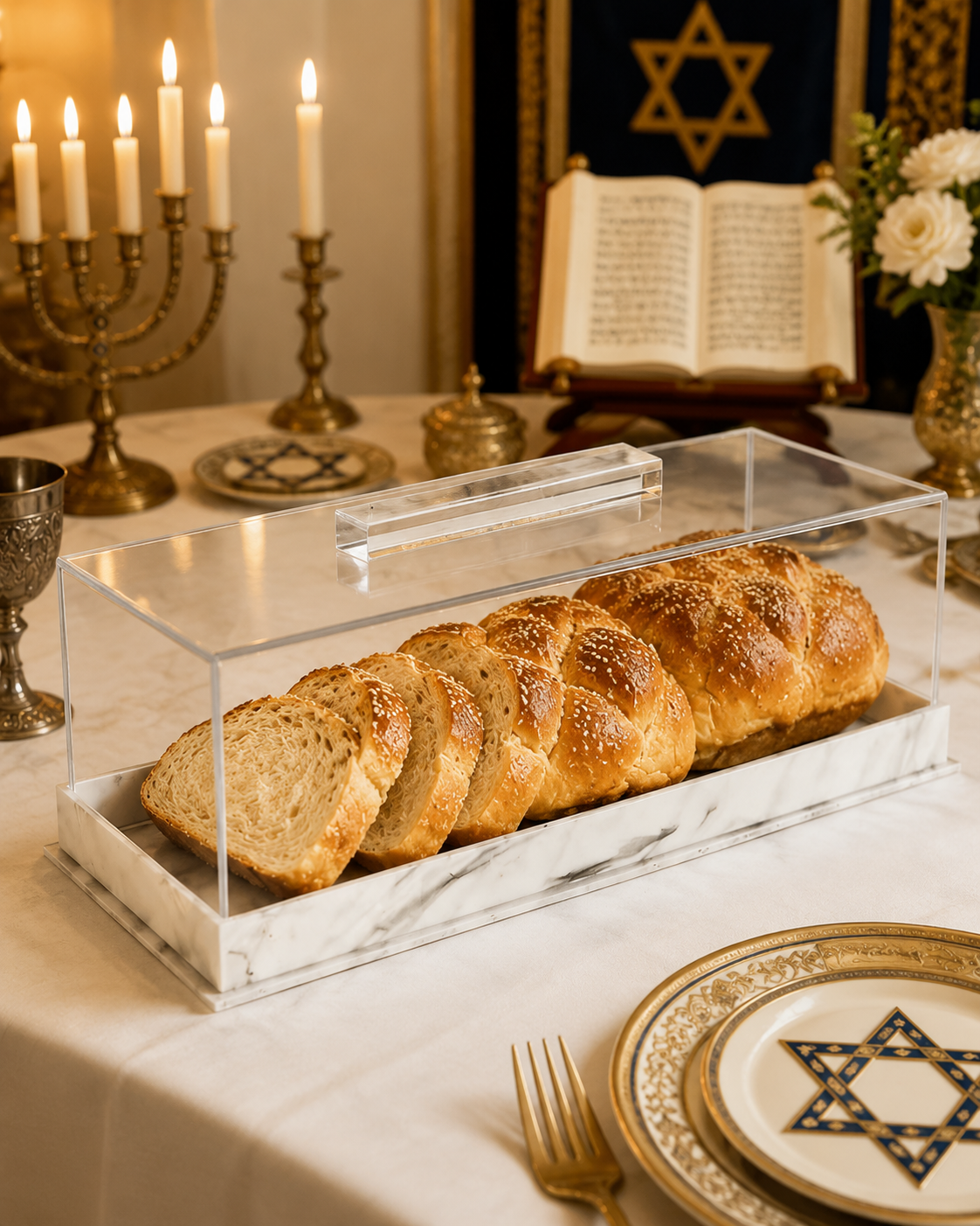 Modern Lucite with Marble base Challah Box – Acrylic Shabbat Pastry & Cake Server Display Case