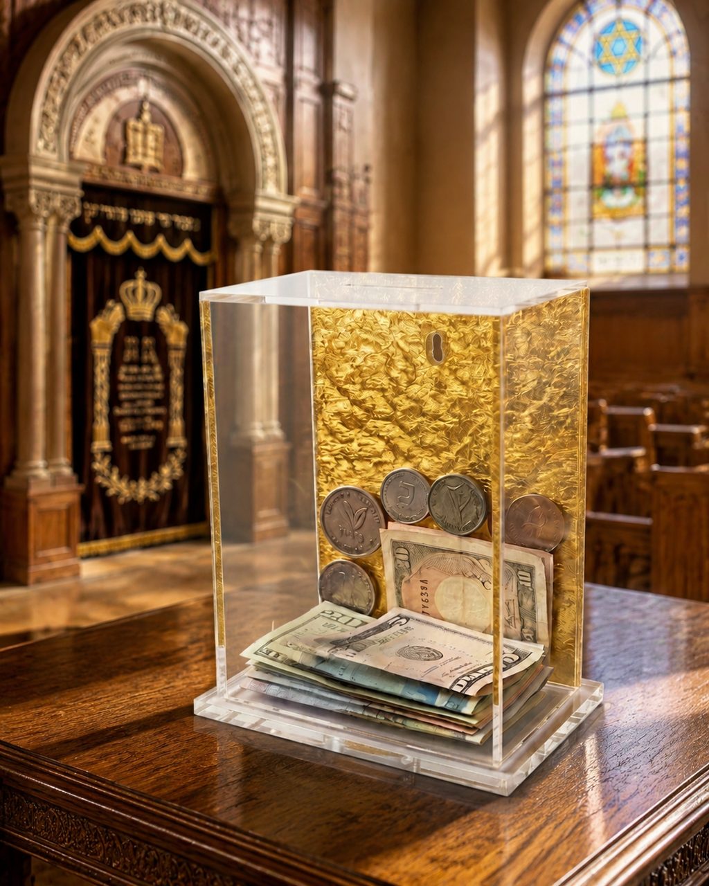 Tzedakah Charity Box - Acrylic Lucite Jewish Money Container with Hebrew Inscription - Contemporary Pushka for Giving - Designer Judaica Office & Home Accessory