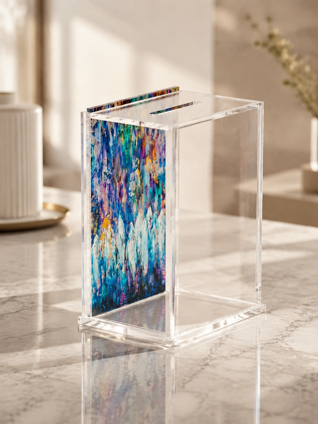 Acrylic Tzedakah Box for Charity - Modern Donation Box with Abstract Art - Jewish Gift for - Decorative Lucite Tzedakah Box