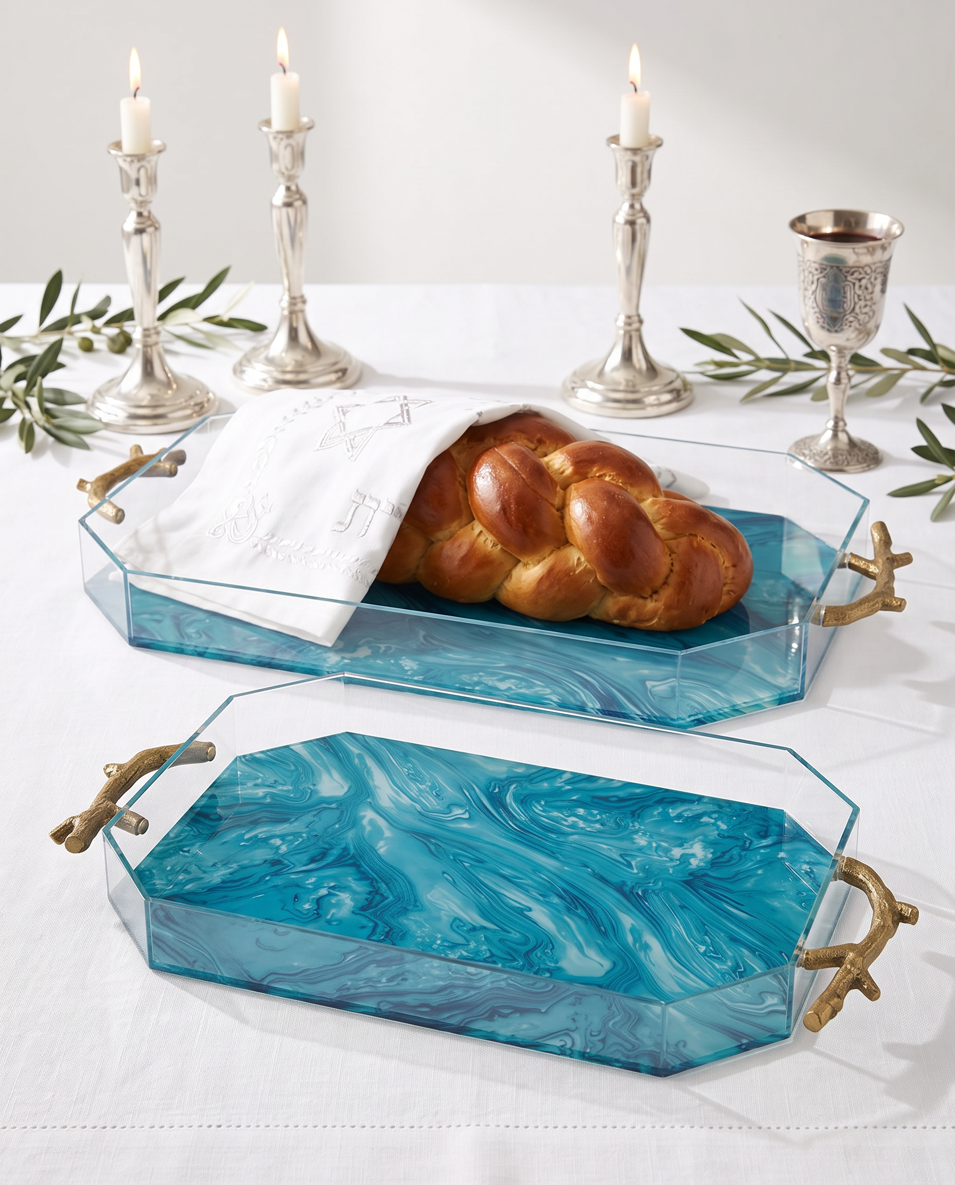 Modern Acrylic Challah Tray with Branch Handles for Shabbat and Holidays