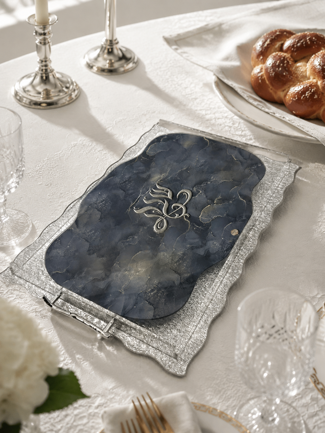 Modern Black Acrylic Challah Board with Gold Design - Sleek Shabbat Tray - Contemporary Gift & Judaica Table Decor