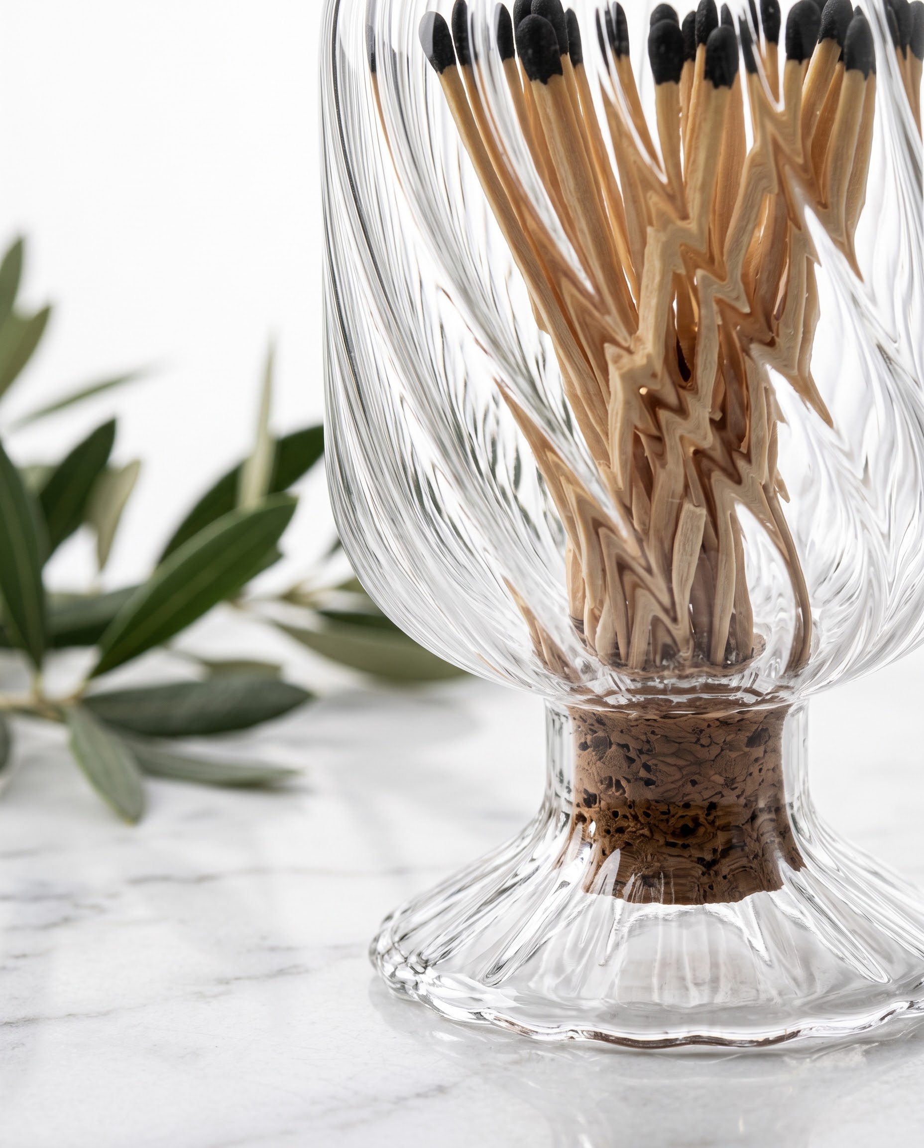 Decorative Swirl Match Holder with Cork Base – Elegant Acrylic Match Storage Container