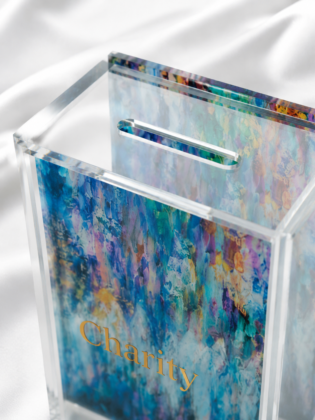 Acrylic Tzedakah Box for Charity - Modern Donation Box with Abstract Art - Jewish Gift for - Decorative Lucite Tzedakah Box