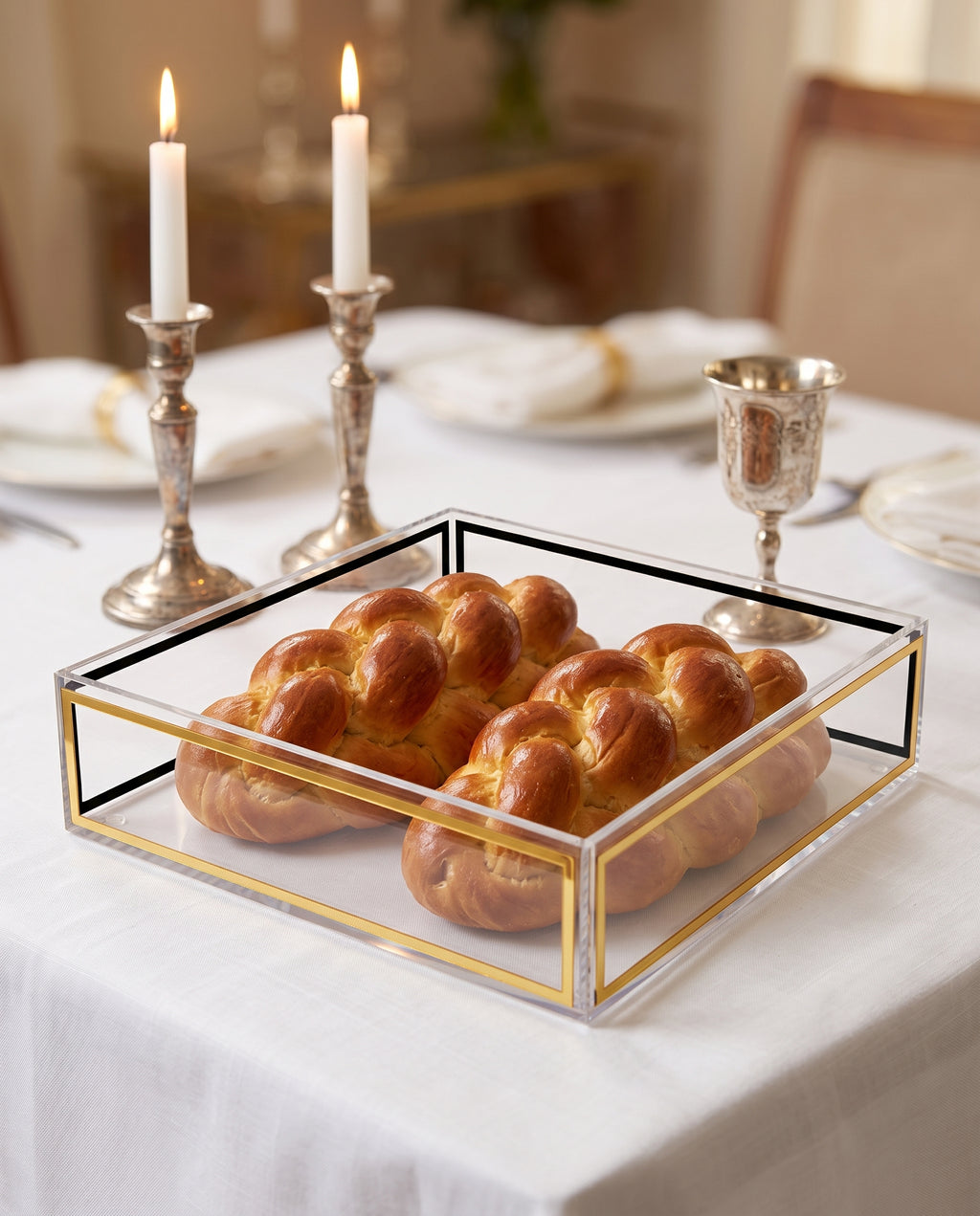 Modern Clear Acrylic Challah Tray with Gold & Black Trim | Shabbat & Jewish Holiday Serving Tray
