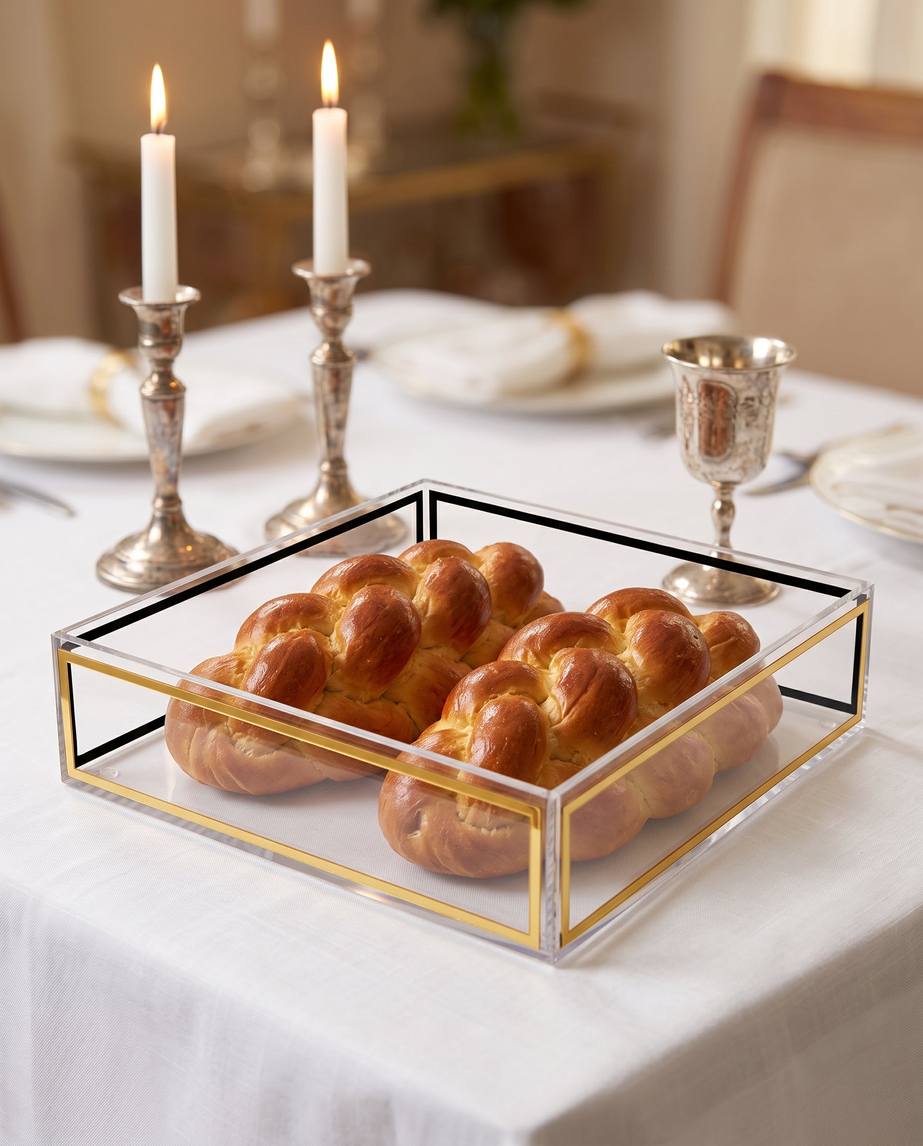 Modern Clear Acrylic Challah Tray with Gold & Black Trim | Shabbat & Jewish Holiday Serving Tray