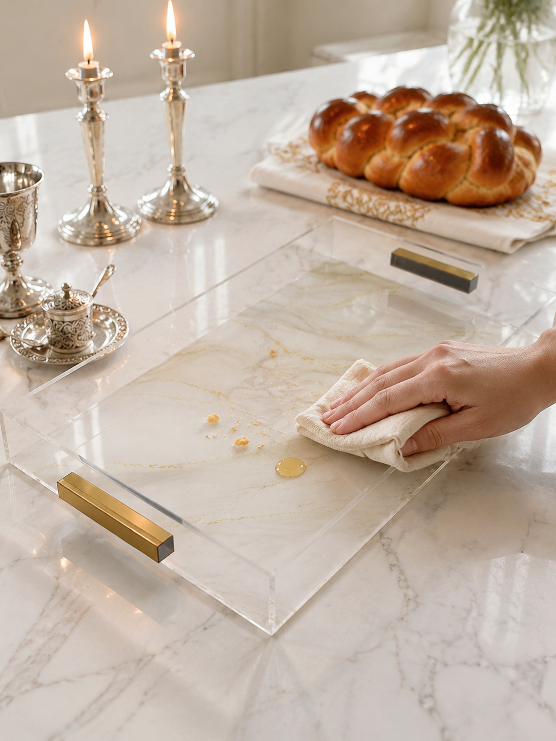 Luxury Acrylic Challah Tray with Gold Handles – Modern Shabbat & Holiday Marble Print Judaica Board