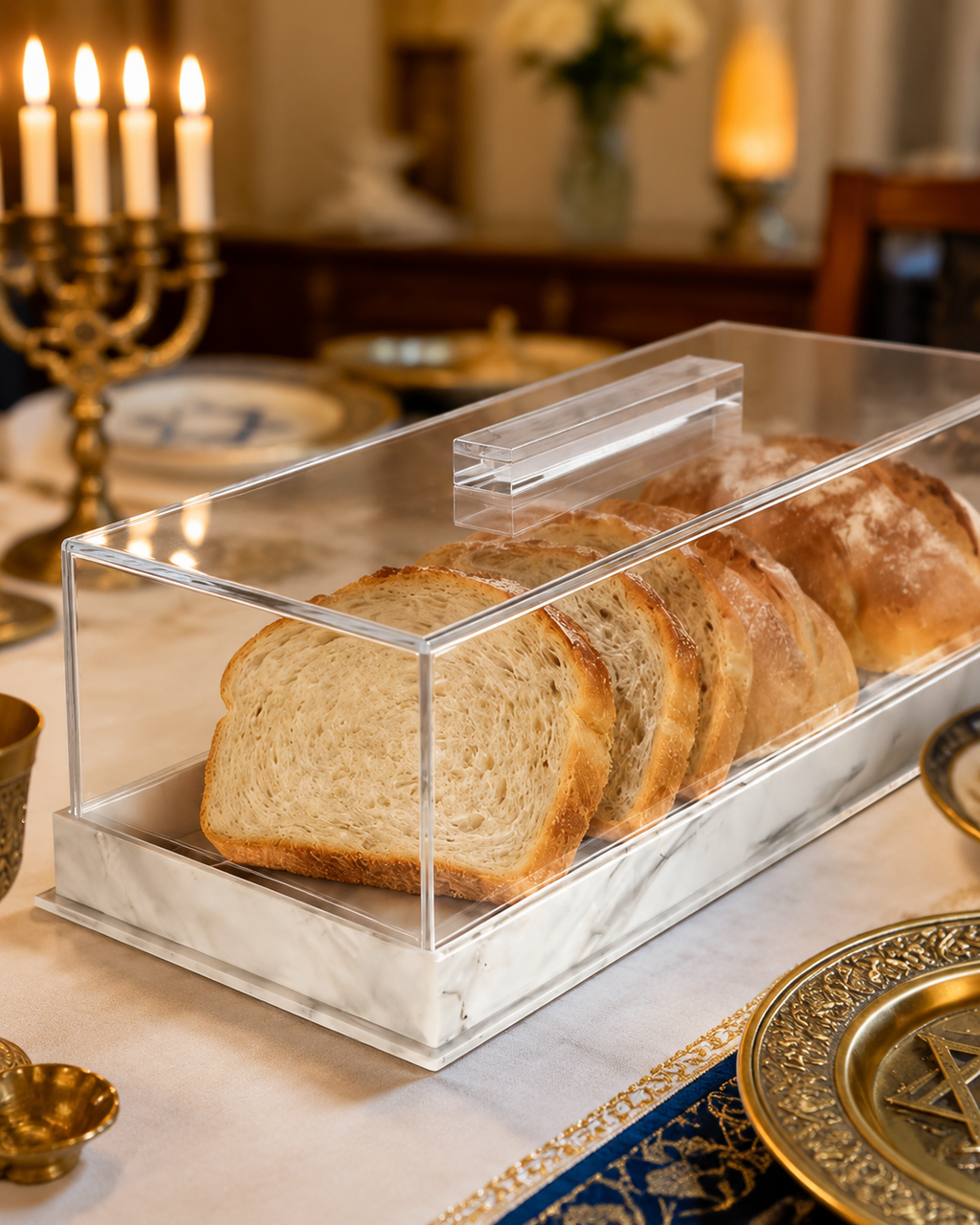 Modern Lucite with Marble base Challah Box – Acrylic Shabbat Pastry & Cake Server Display Case