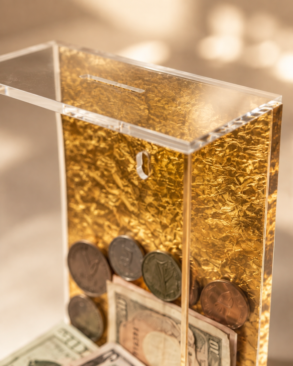 Tzedakah Charity Box - Acrylic Lucite Jewish Money Container with Hebrew Inscription - Contemporary Pushka for Giving - Designer Judaica Office & Home Accessory