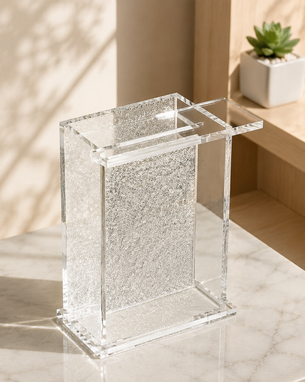 Tzedakah Charity Box - Acrylic Lucite Jewish Money Container with Hebrew Inscription - Contemporary Pushka for Giving - Designer Judaica Office & Home Accessory