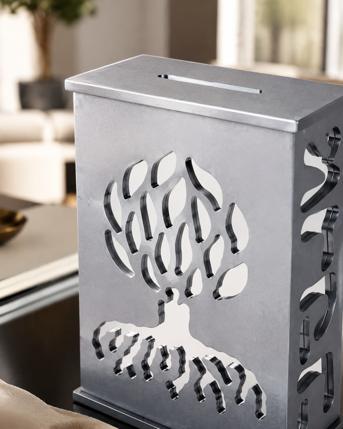 Modern Acrylic Tzedakah Box – Tree of Life Charity Coin Box | Contemporary Judaica Gift