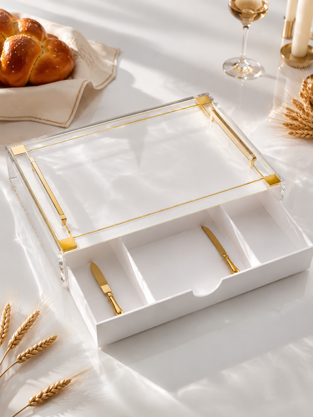 Luxury Acrylic Challah Board with Gold plated Handles - Modern Lucite Shabbat Bread Tray & Protective Cover - Elegant Judaica Gift