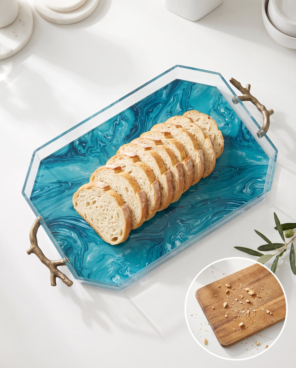 Modern Acrylic Challah Tray with Branch Handles for Shabbat and Holidays