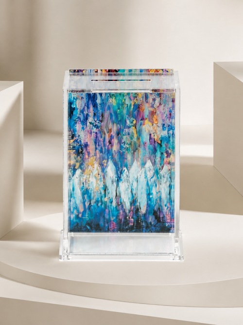 Acrylic Tzedakah Box for Charity - Modern Donation Box with Abstract Art - Jewish Gift for - Decorative Lucite Tzedakah Box