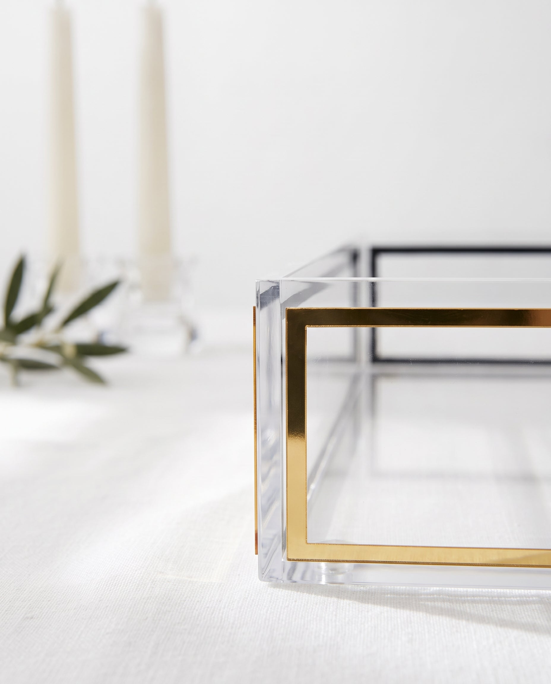 Modern Clear Acrylic Challah Tray with Gold & Black Trim | Shabbat & Jewish Holiday Serving Tray