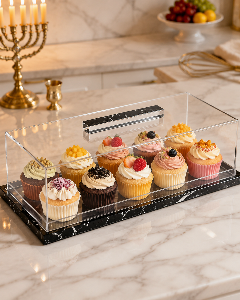 Modern Lucite with Marble base Challah Box – Acrylic Shabbat Pastry & Cake Server Display Case