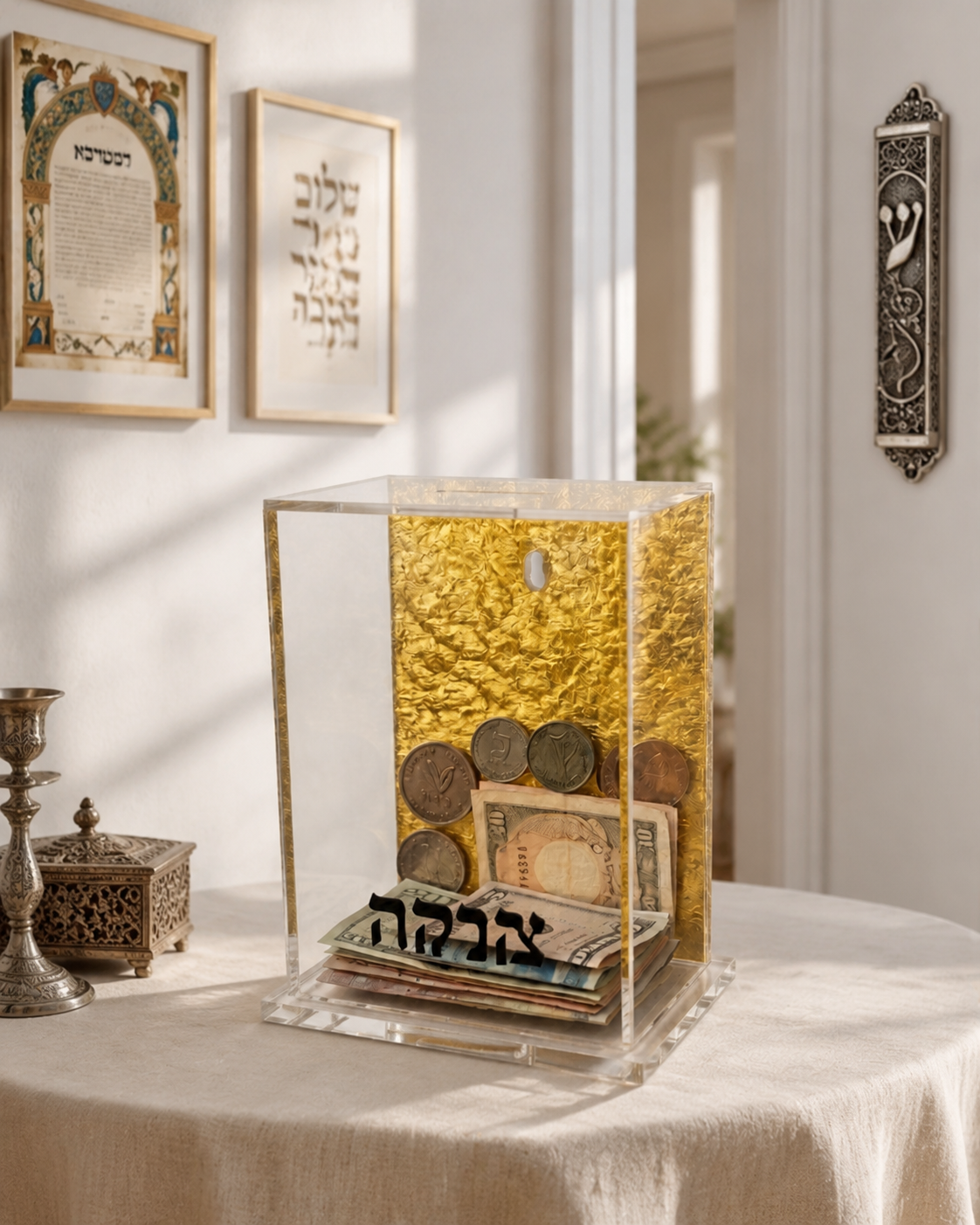 Tzedakah Charity Box - Acrylic Lucite Jewish Money Container with Hebrew Inscription - Contemporary Pushka for Giving - Designer Judaica Office & Home Accessory