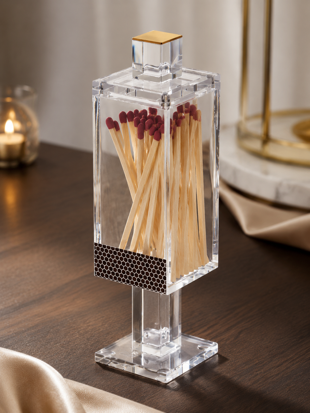 Modern Acrylic Shabbat Match Holder Box – Minimalist Lucite Matchbox Case with Striker – Elegant Judaica Desk Accessory & Shabbat Table Decor