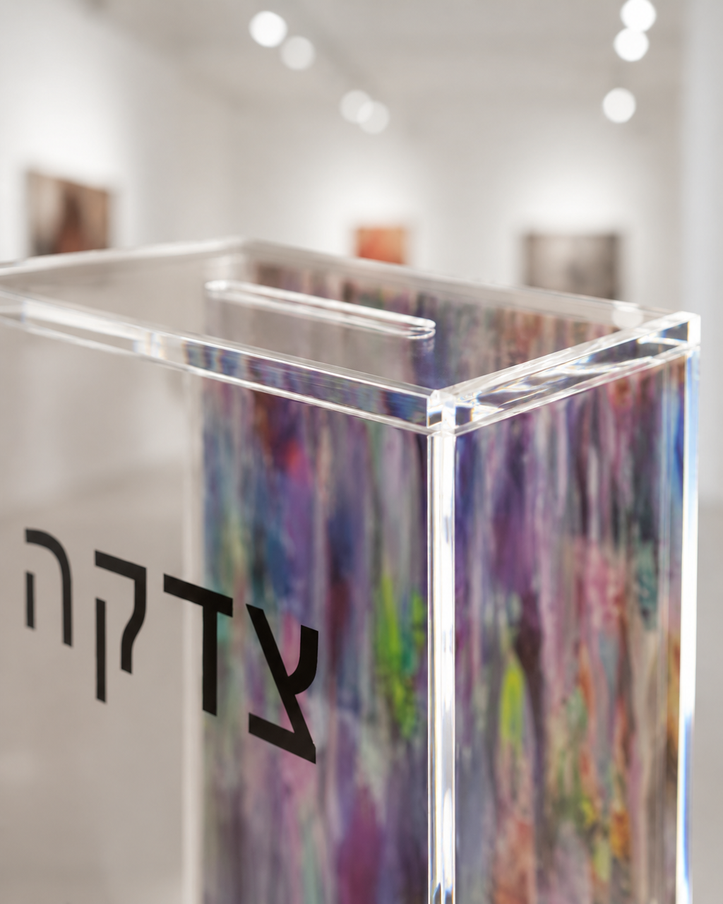 Acrylic Tzedakah Box for Charity - Modern Donation Box with Abstract Art - Jewish Gift for - Decorative Lucite Tzedakah Box