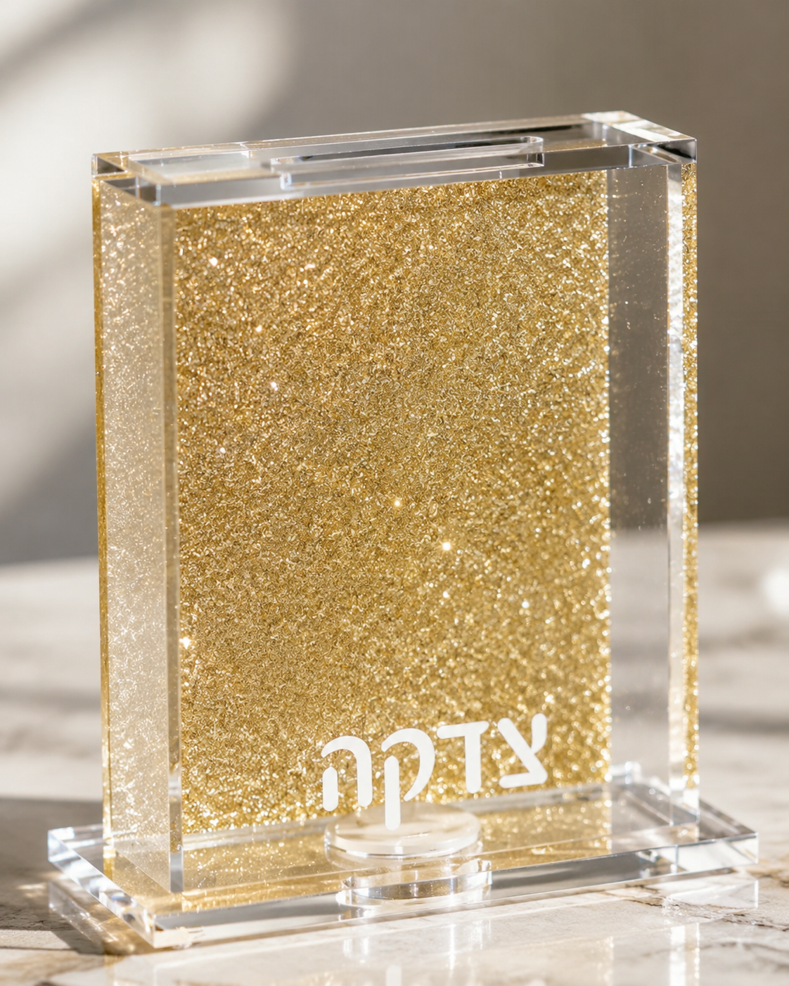 Tzedakah Charity Box - Acrylic Lucite Jewish Money Container with Hebrew Inscription - Contemporary Pushka for Giving - Designer Judaica Office & Home Accessory