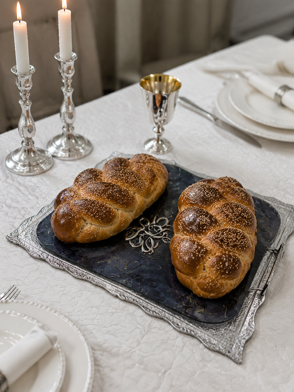 Modern Black Acrylic Challah Board with Gold Design - Sleek Shabbat Tray - Contemporary Gift & Judaica Table Decor