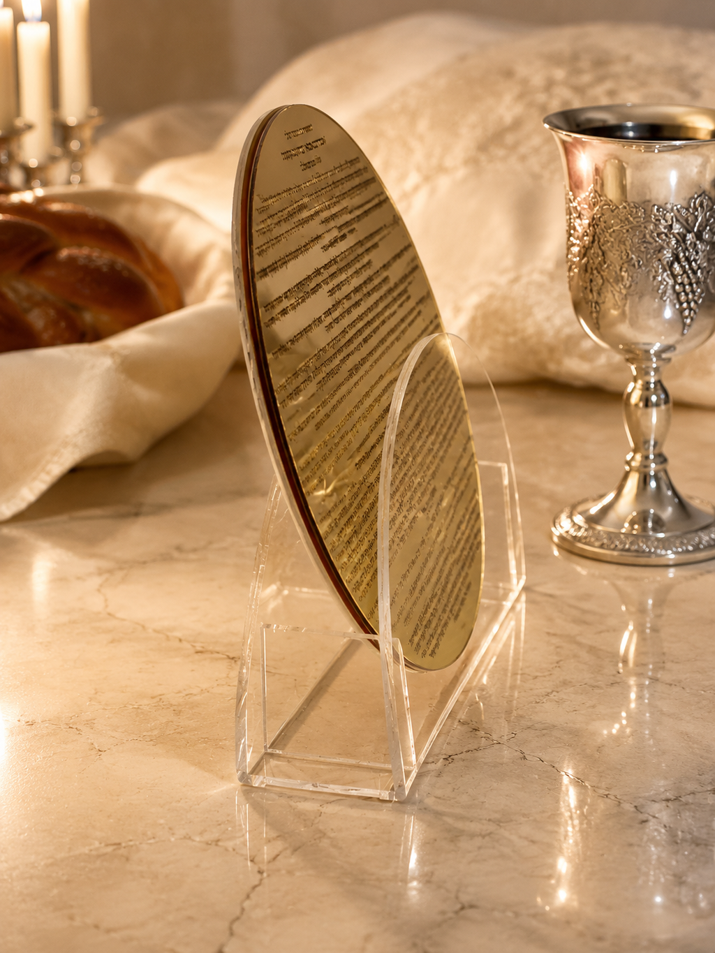 Modern Acrylic Bencher Set with  Golden prayer Prayer Plaque – Elegant Birkat Hamazon Cards with Lucite Stand – Sophisticated Judaica for Shabbat Table & Home