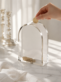 Modern Acrylic Tzedakah Box - Clear Lucite Charity Box with Gold Hebrew - Arched Jewish Donation Box for Home - Bar Mitzvah Gift