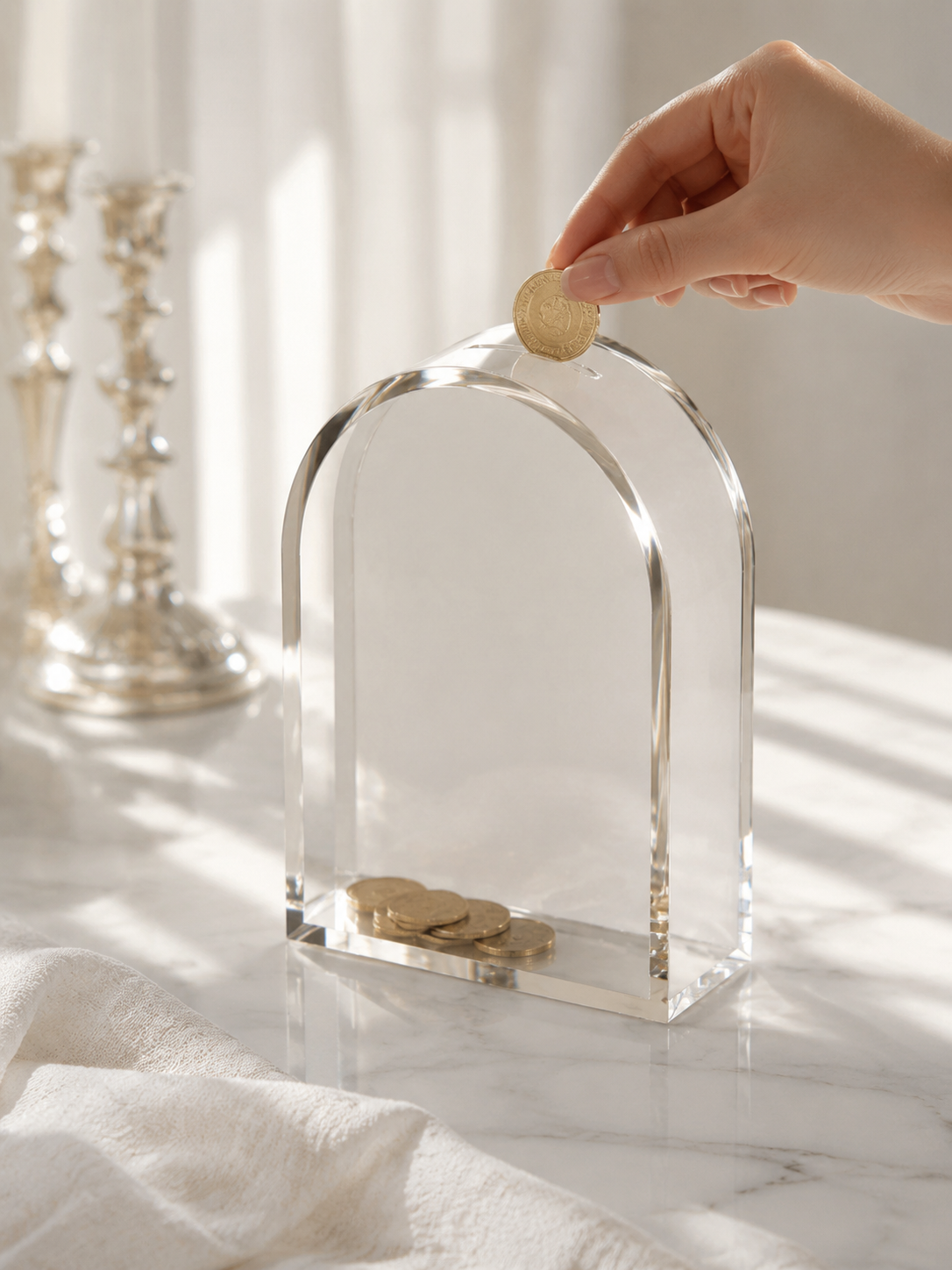 Modern Acrylic Tzedakah Box - Clear Lucite Charity Box with Gold Hebrew - Arched Jewish Donation Box for Home - Bar Mitzvah Gift