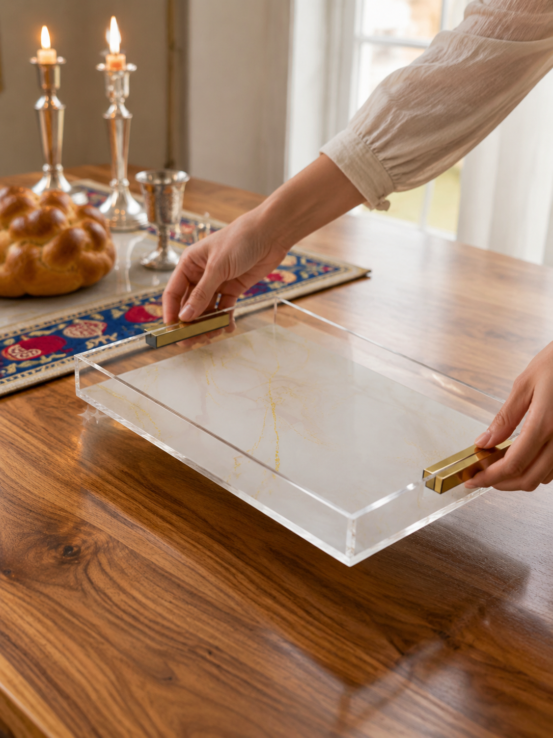 Luxury Acrylic Challah Tray with Gold Handles – Modern Shabbat & Holiday Marble Print Judaica Board