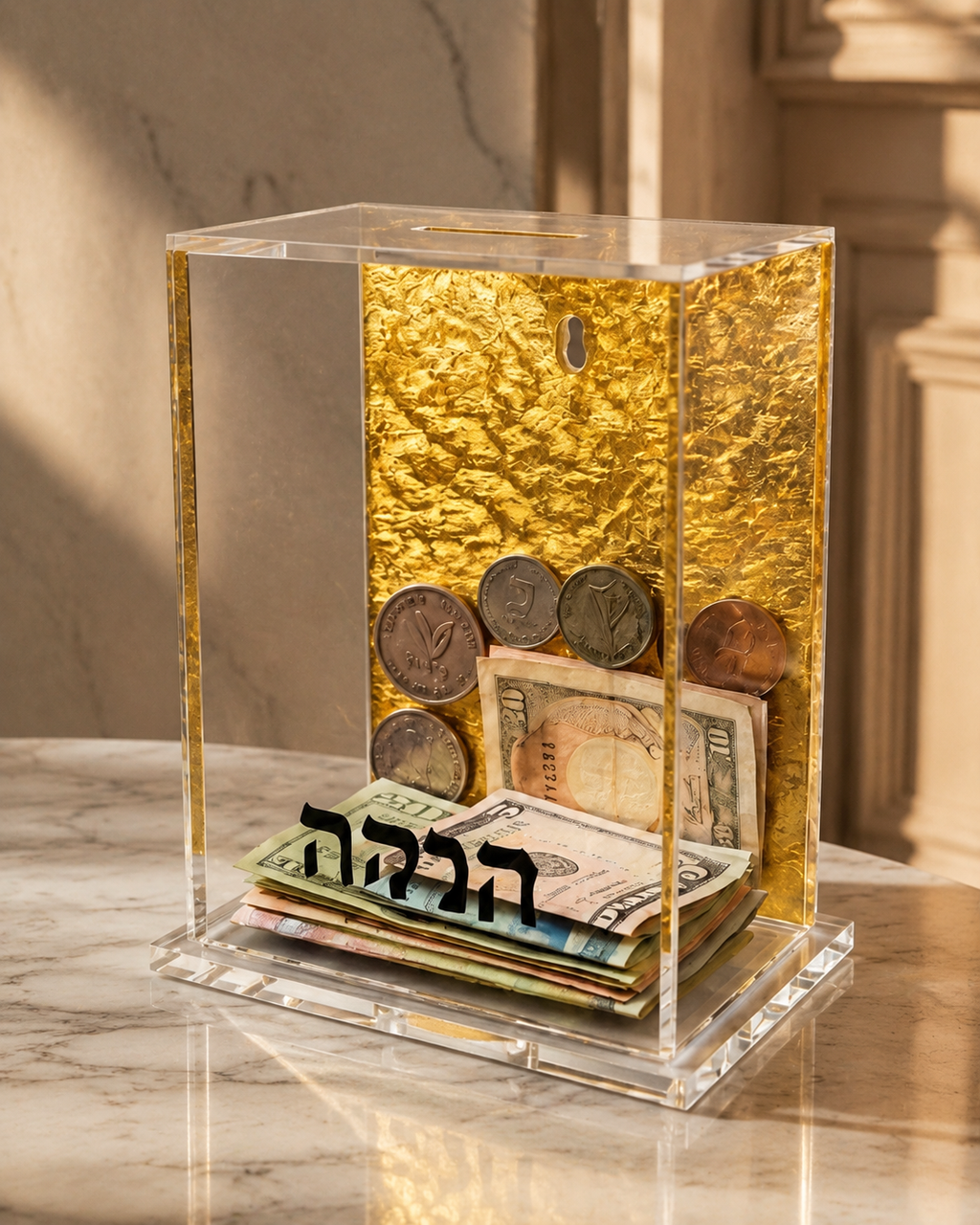 Tzedakah Charity Box - Acrylic Lucite Jewish Money Container with Hebrew Inscription - Contemporary Pushka for Giving - Designer Judaica Office & Home Accessory