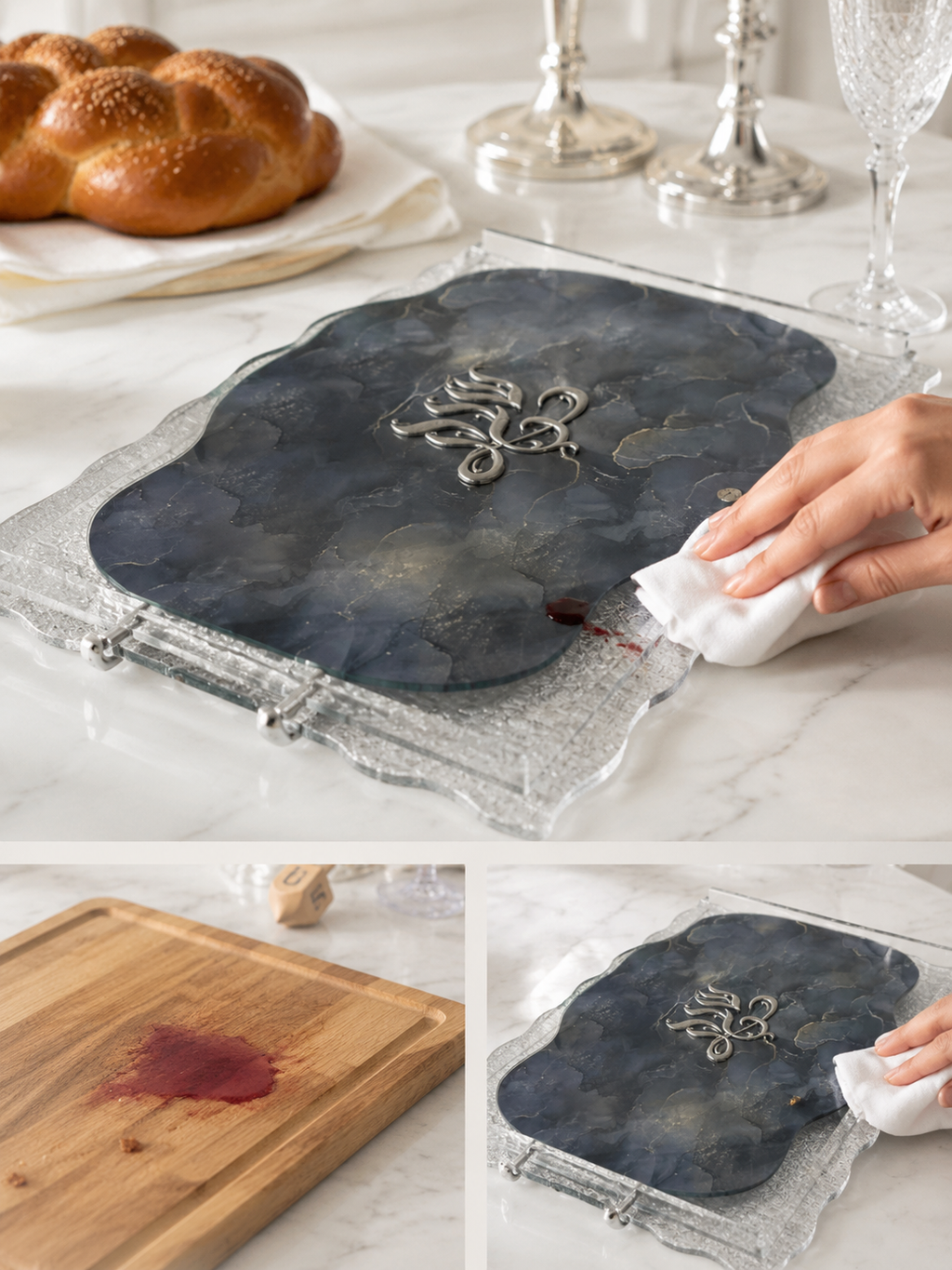 Modern Black Acrylic Challah Board with Gold Design - Sleek Shabbat Tray - Contemporary Gift & Judaica Table Decor