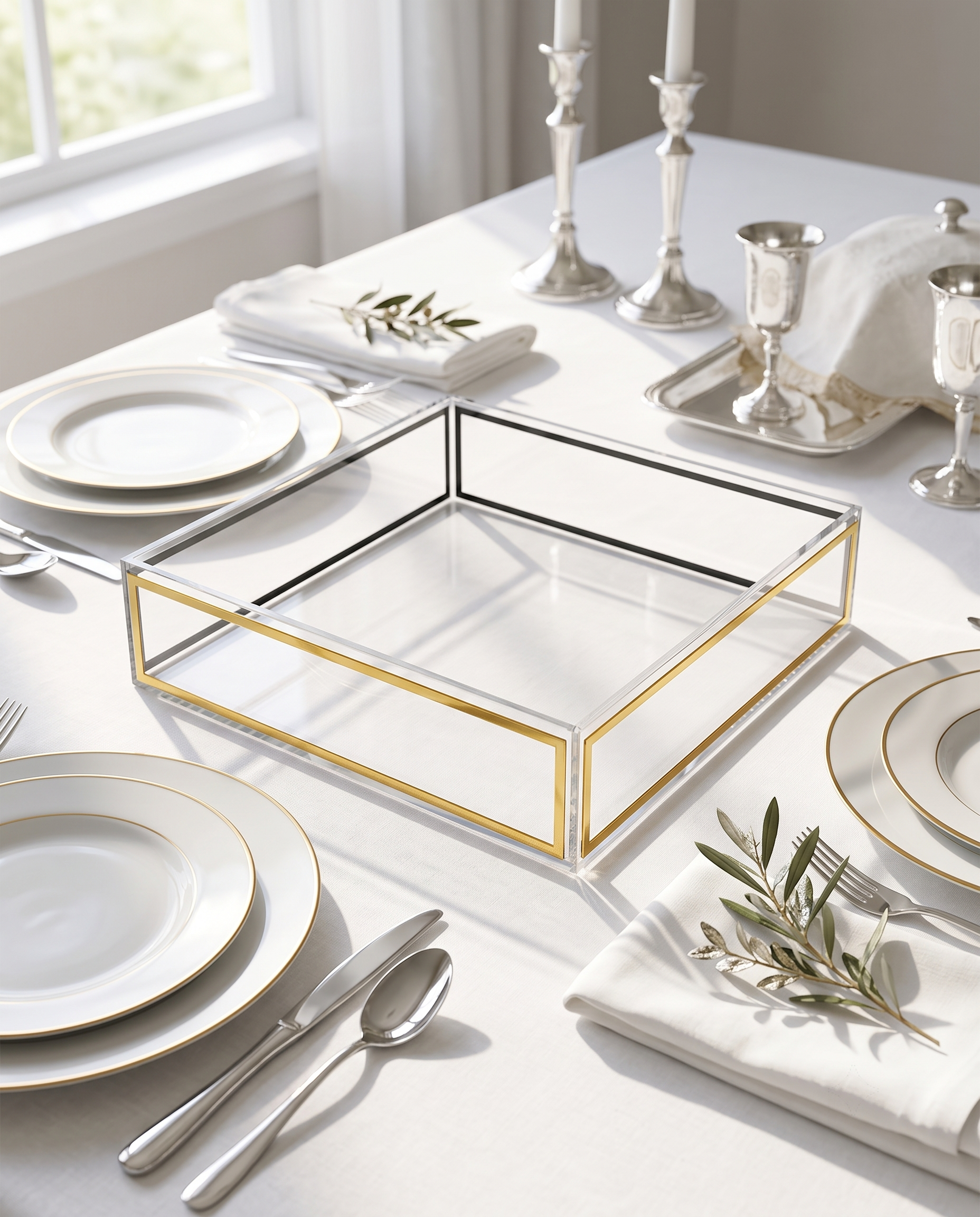 Modern Clear Acrylic Challah Tray with Gold & Black Trim | Shabbat & Jewish Holiday Serving Tray