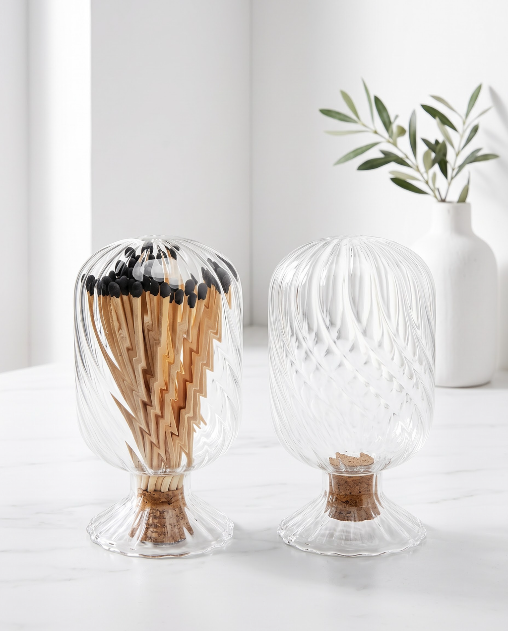 Decorative Swirl Match Holder with Cork Base – Elegant Acrylic Match Storage Container