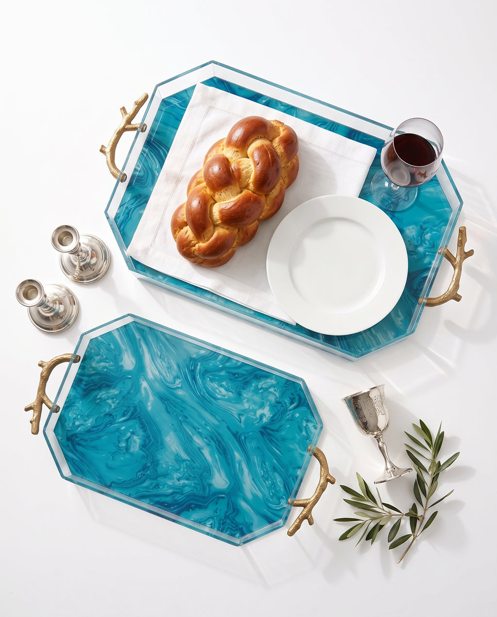 Modern Acrylic Challah Tray with Branch Handles for Shabbat and Holidays