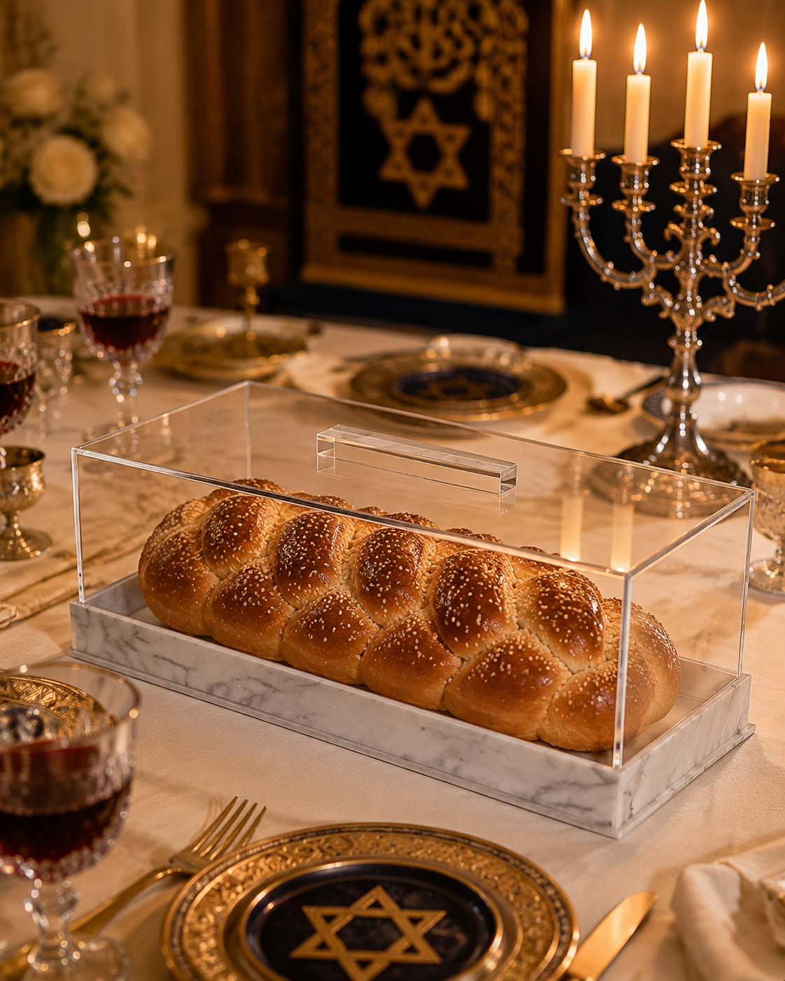 Modern Lucite with Marble base Challah Box – Acrylic Shabbat Pastry & Cake Server Display Case