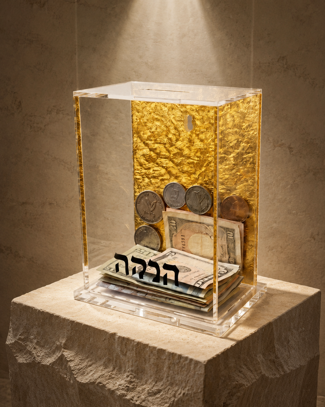 Tzedakah Charity Box - Acrylic Lucite Jewish Money Container with Hebrew Inscription - Contemporary Pushka for Giving - Designer Judaica Office & Home Accessory