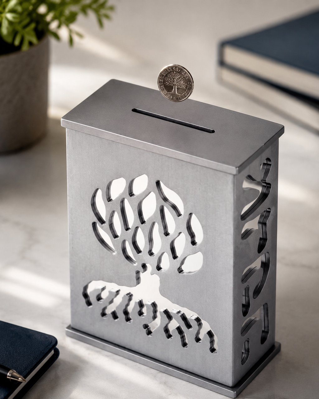 Modern Acrylic Tzedakah Box – Tree of Life Charity Coin Box | Contemporary Judaica Gift