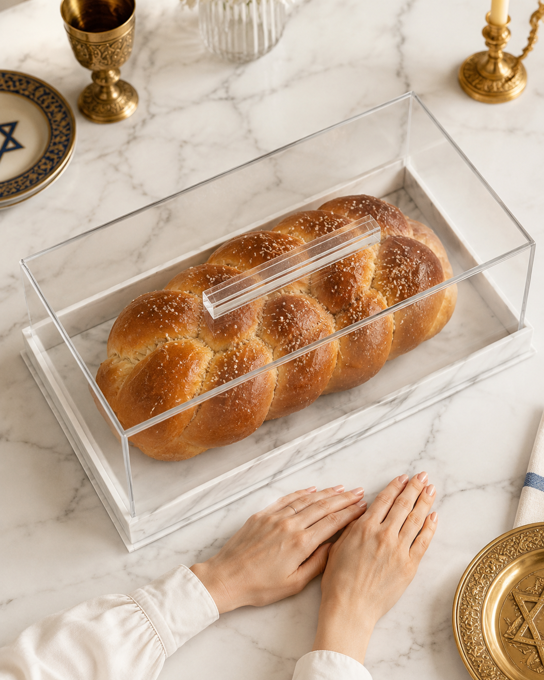 Modern Lucite with Marble base Challah Box – Acrylic Shabbat Pastry & Cake Server Display Case