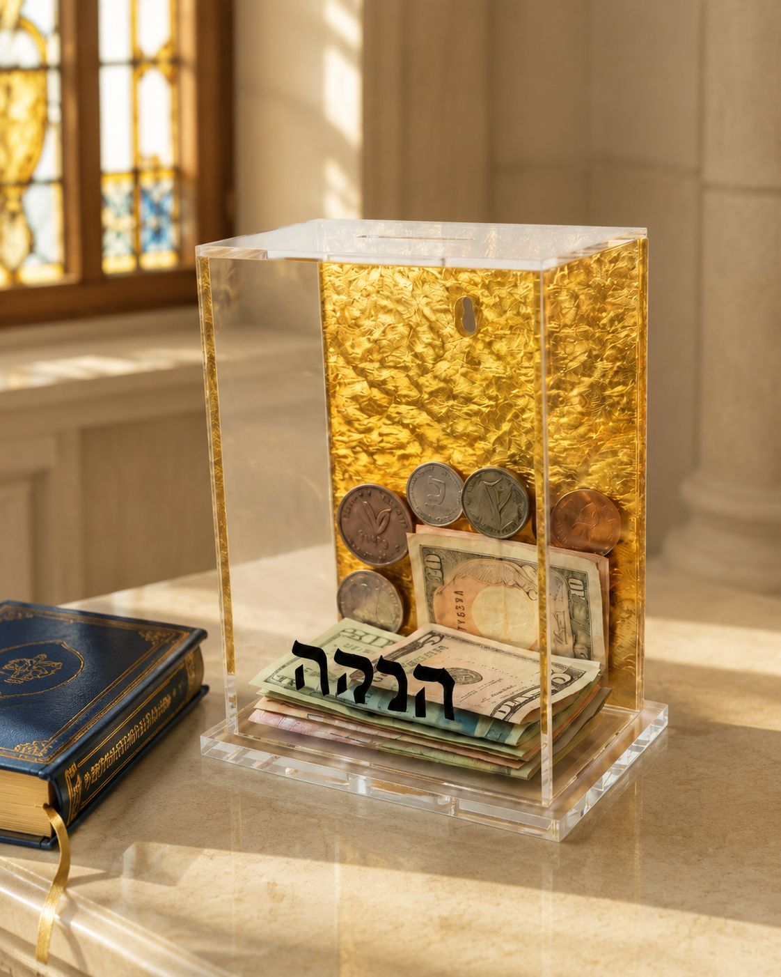 Tzedakah Charity Box - Acrylic Lucite Jewish Money Container with Hebrew Inscription - Contemporary Pushka for Giving - Designer Judaica Office & Home Accessory