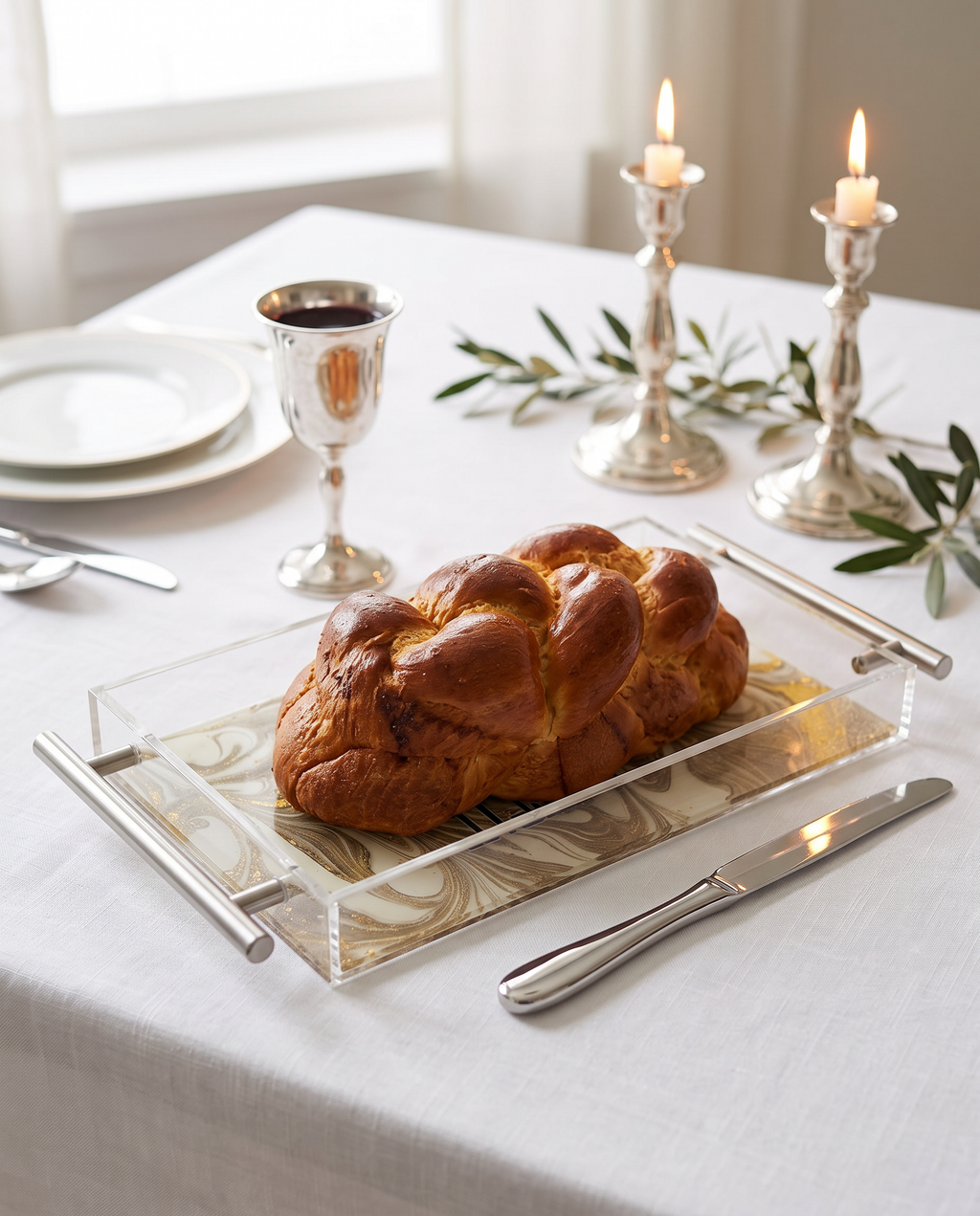 Luxury Acrylic Challah Tray  – Modern Marbled Judaica Serving Board for Shabbat & Yom Tov