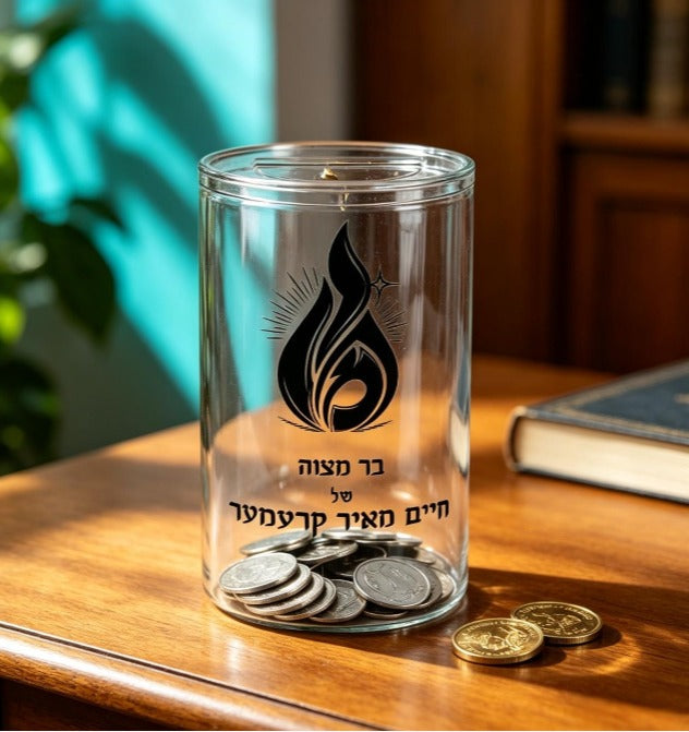 Cylinder Acrylic Tzedakah Box - Modern Judaica Gift for Charity and Giving - Premium Transparent Jewish Donation Jar for Home and Synagogue