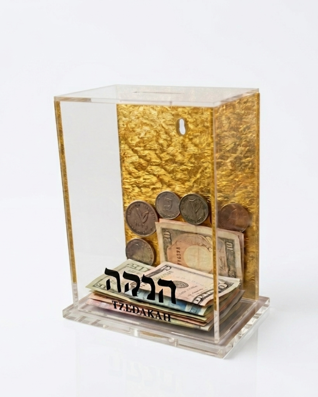 Tzedakah Charity Box - Acrylic Lucite Jewish Money Container with Hebrew Inscription - Contemporary Pushka for Giving - Designer Judaica Office & Home Accessory
