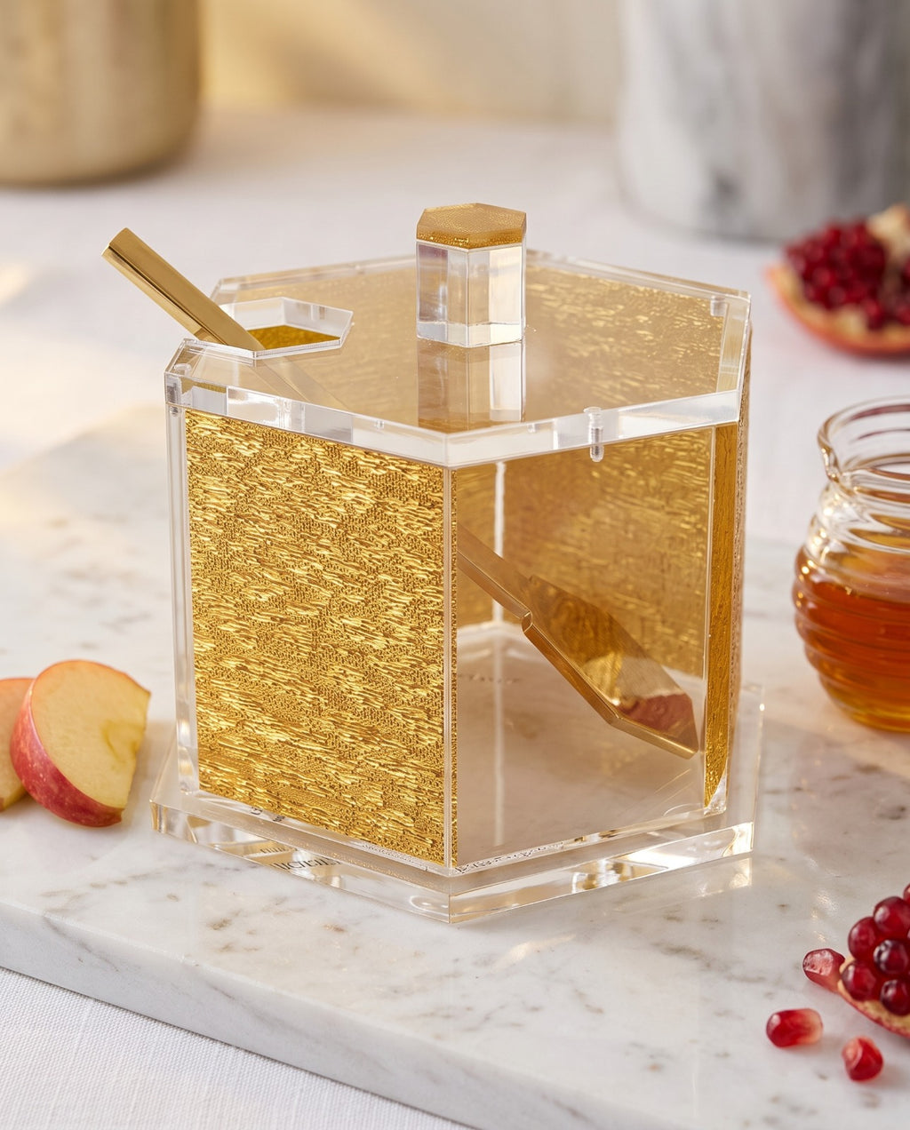 Luxury Hexagon Honey Dish with Dipper for Rosh Hashanah – Gold & Clear Acrylic