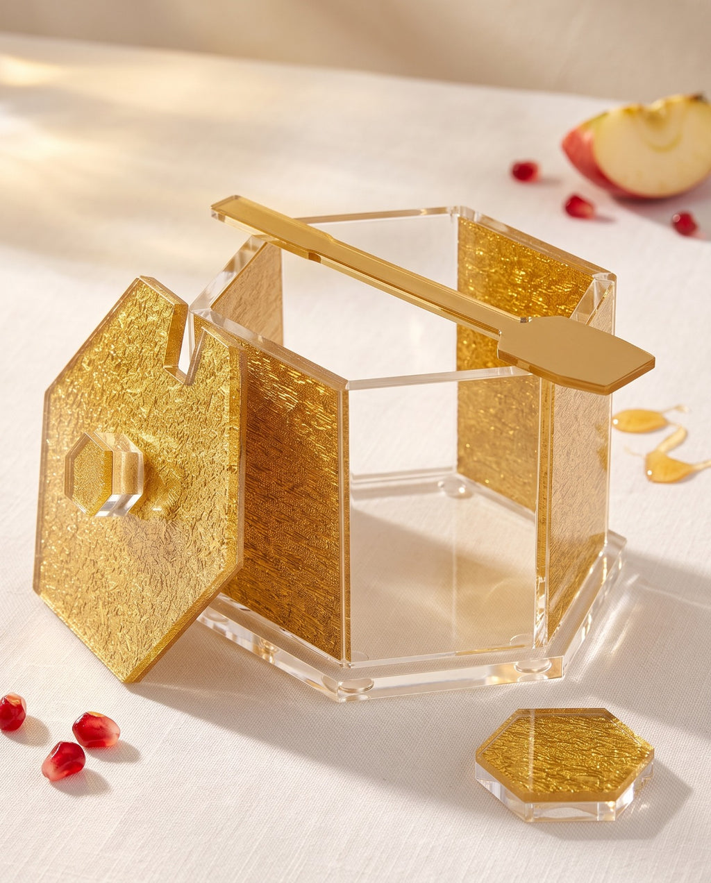Luxury Hexagon Honey Dish with Dipper for Rosh Hashanah – Gold & Clear Acrylic