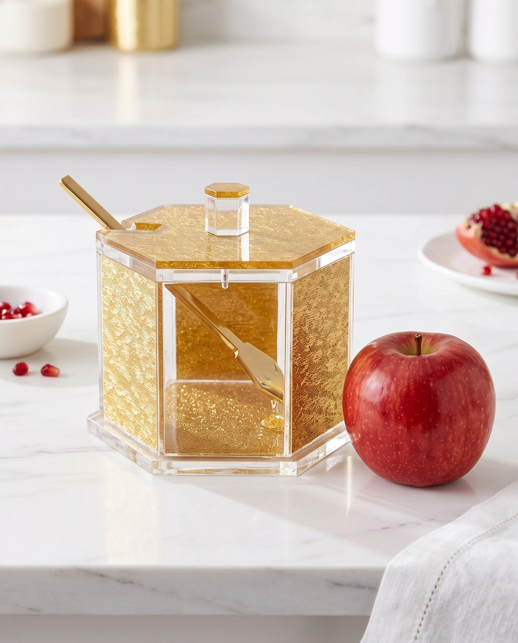 Luxury Hexagon Honey Dish with Dipper for Rosh Hashanah – Gold & Clear Acrylic