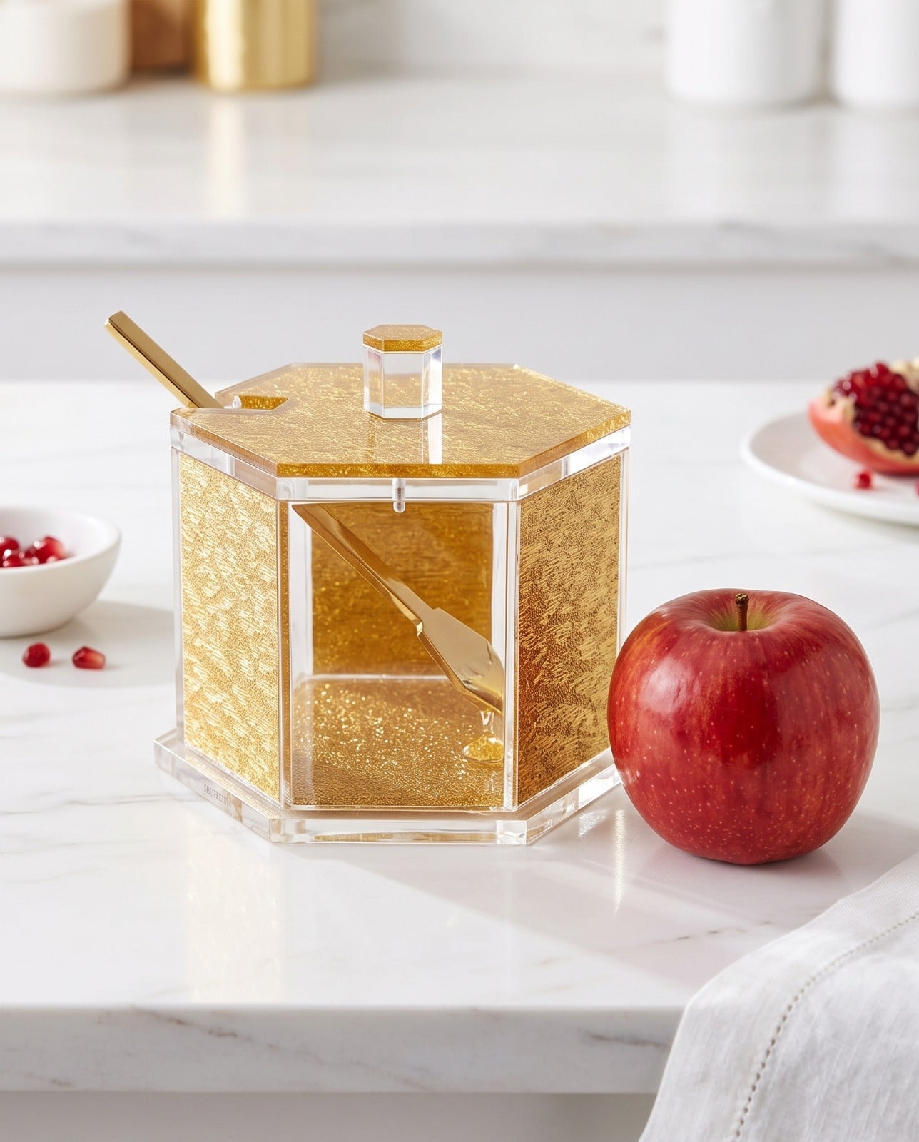 Luxury Hexagon Honey Dish with Dipper for Rosh Hashanah – Gold & Clear Acrylic